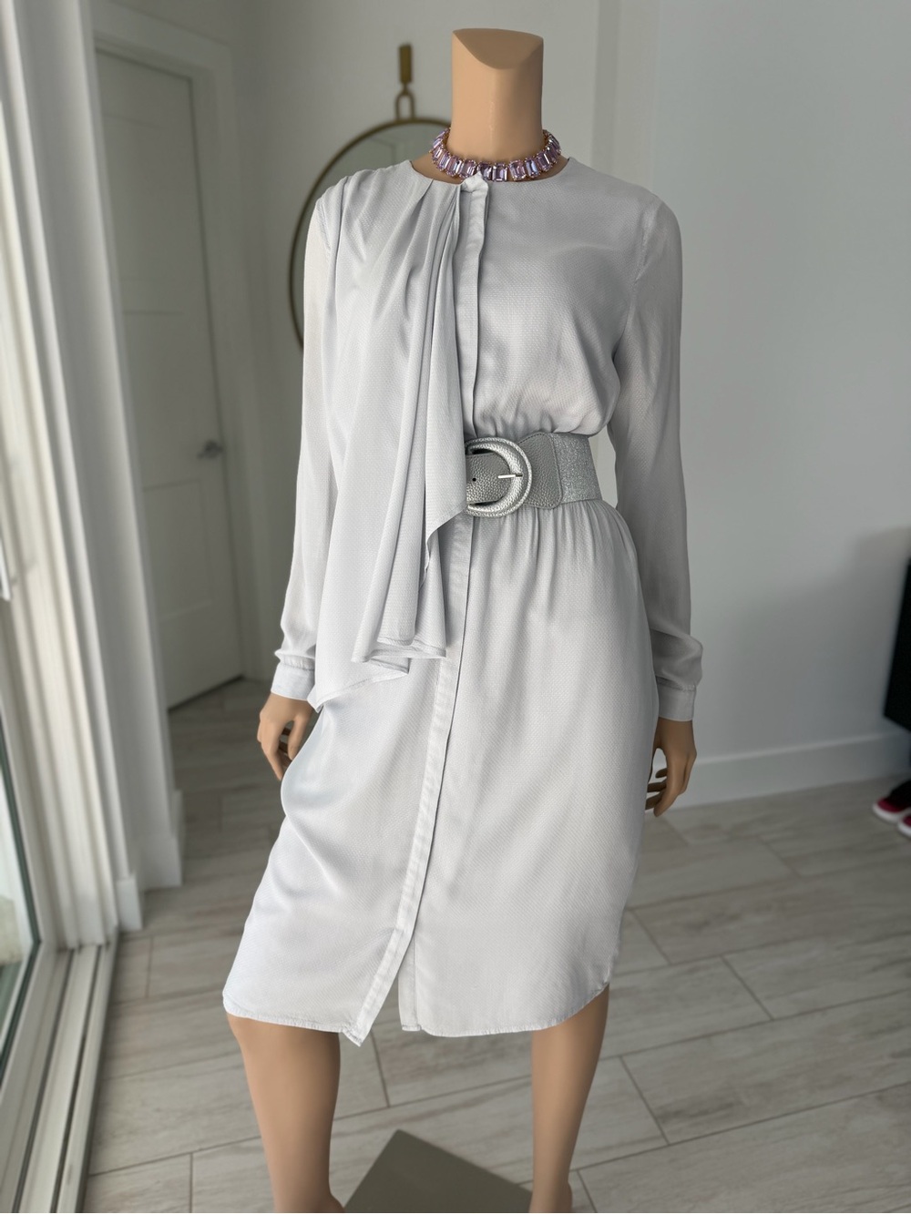 Lost Ink Light Grey Midi Dress with Neck Tie – Elegant & Ethereal Size 10